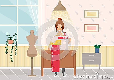 Beautiful young fashion designer dressmaker woman using sewing machine to sew red dress in atelier Vector Illustration