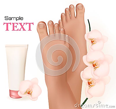 Beautiful young feet with orchids and body cream. Vector Illustration