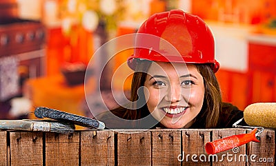 Beautiful young female painter with a brush Stock Photo