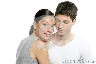 Beautiful young fresh modern couple hug on white Stock Photo