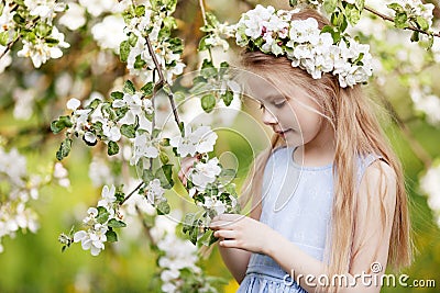 Beautiful young girl in blue dress in the garden with blosoming apple trees. Cute girl holding apple-tree branch Stock Photo