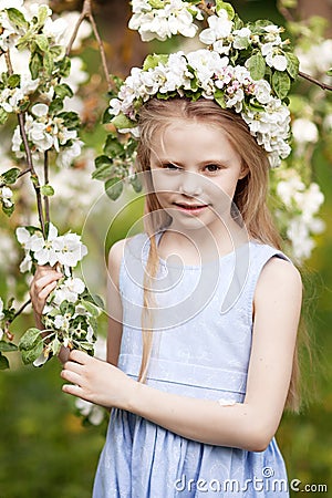 Beautiful young girl in blue dress in the garden with blosoming apple trees. Cute girl holding apple-tree branch Stock Photo