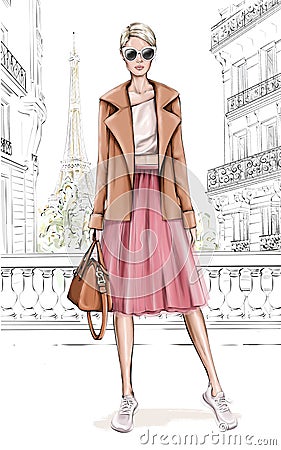 Beautiful young girl in fashion clothes. Stylish woman with Paris background. Fashion girl holding bag. Fashion look. Cartoon Illustration