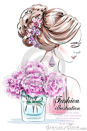 Beautiful young girl with flowers. Fashion woman with beautiful hairstyle. Sketch. Vector Illustration