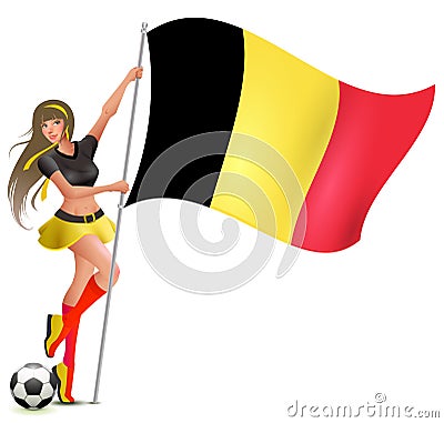 Beautiful young girl holding flag of belgium. Football soccer fan cheerleader Vector Illustration