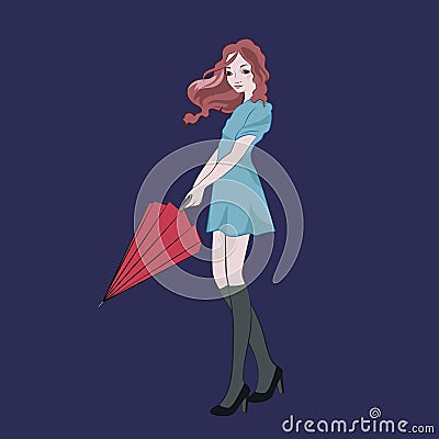 Beautiful young girl holding red umbrella Vector Illustration