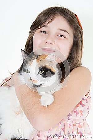 Beautiful young girl holging her cat the Bestfriends Stock Photo