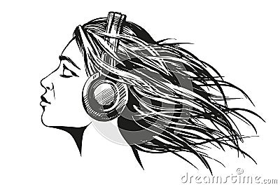 Beautiful young girl listening to music on headphones hand drawn vector illustration sketch Vector Illustration