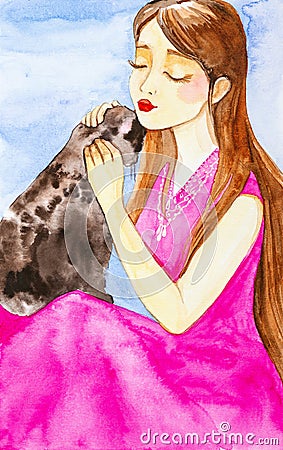 Beautiful young girl with long brown hair and in pink dress petting her pet cat.The girl closed her eyes and dreams.Watercolor Cartoon Illustration