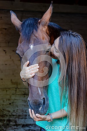 Beautiful young girl looks after her horse in the stable. Stock Photo