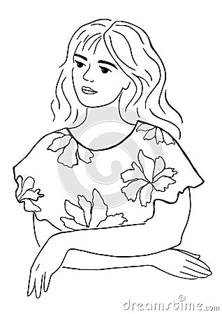 A beautiful young girl looks thoughtfully into the distance. The woman crossed her arms, dressed in a dress with flowers. Vector Illustration