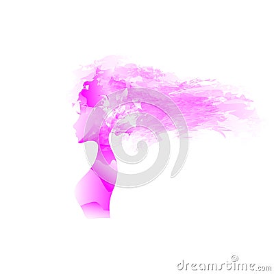 Beautiful young girl. Picture in profile. Curly hair. long eyelashes. Vector Illustration