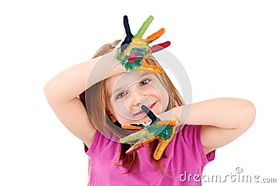 Beautiful young girl playing with watercolors Stock Photo
