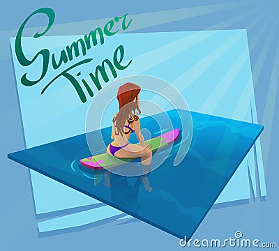 Beautiful young girl surfer character sitting on a board in the sea. Vector illustration. Vector Illustration