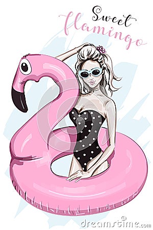 Beautiful young girl in swimsuit swimming with pink inflatable flamingo. Sketch. Summer set. Vector Illustration