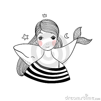 Beautiful young girl with a whale. Vector Illustration