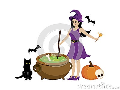 Beautiful young halloween witch with a magic cauldron vector Vector Illustration