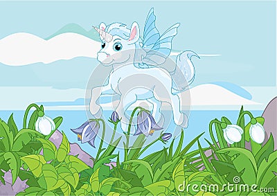 Pretty Fairytale Blue Unicorn in flower field against sky Vector Illustration