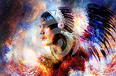 Beautiful young indian warrior in cosmic space. Painting collage. Stock Photo