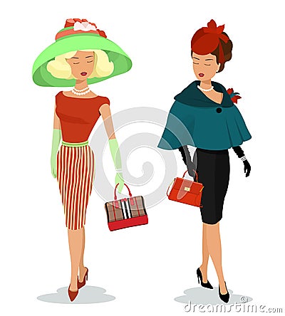 Beautiful young ladies in fashion clothes. Detailed graphic women characters with accessoties. Colorful stylish girls with bags. Vector Illustration