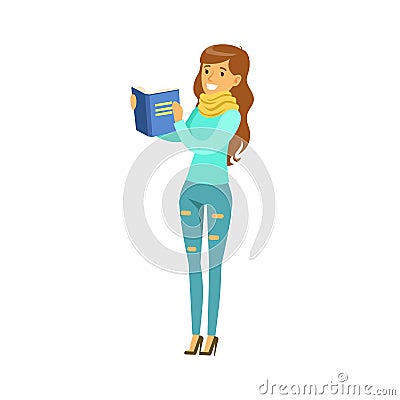 Beautiful young long haired woman standing and reading a book vector Illustration Vector Illustration