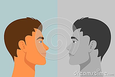 Beautiful Young Man with Bipolar Disorder. Cheerful and Sad, Happy and Unhappy. Two-face Man Showing Two Different Moods Vector Illustration