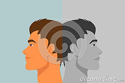 Beautiful Young Man with Bipolar Disorder. Cheerful and Sad, Happy and Unhappy. Two-face Man Showing Two Different Moods Vector Illustration