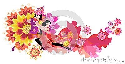 Beautiful young man in east costume and girl in red dress, decorated of flowers, dancing tango isolated on white background. Vector Illustration