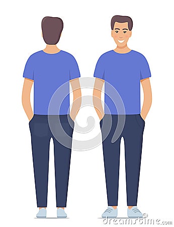 Beautiful young man standing in full growth in casual clothes. Front and back view, isolated. Vector illustration Cartoon Illustration