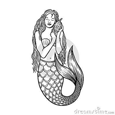 Beautiful young mermaid with the sea shell and pearl. Sea underwater fantasy creature with tail and decorative long hair Vector Illustration