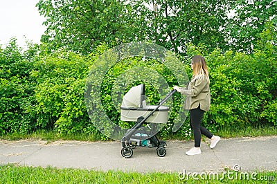 young mom walks with a stroller Stock Photo