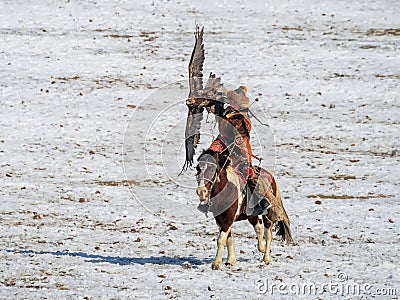 Beautiful young Mongolian golden eagle hunter on horseback releases her eagle into the wild, a dynamic hunting scene with an eagle Editorial Stock Photo