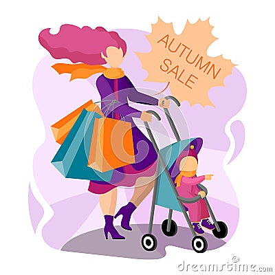 Beautiful young mother with a baby in a stroller is shopping at the seasonal sale.Concept of a flyer, web banner, landing pages, Vector Illustration