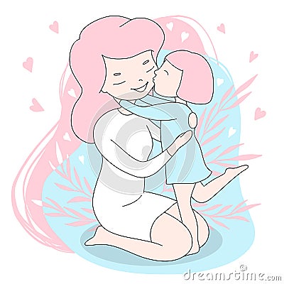 Beautiful young mother with a little daughter. A little girl hugs and kisses her mother. Vector Illustration