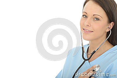 Beautiful Young Natural Female Doctor Listneing To Her Own Heartbeat with Stethoscope Stock Photo