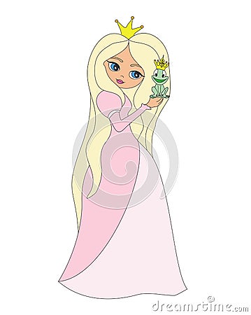 Beautiful young princess and big frog Vector Illustration