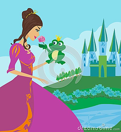 Beautiful young princess and big frog Vector Illustration