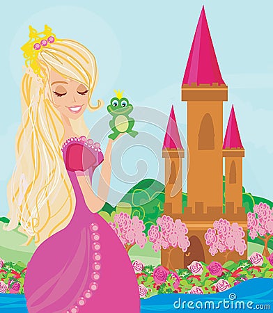 Beautiful young princess holding a big frog Vector Illustration