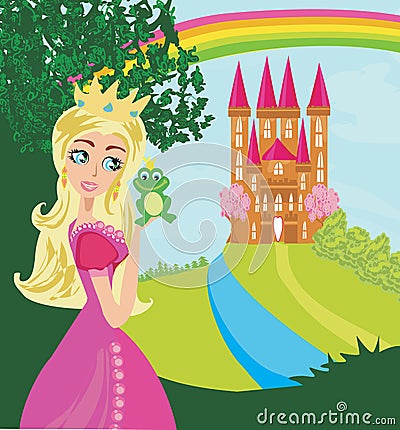 Beautiful young princess holding a big frog Vector Illustration