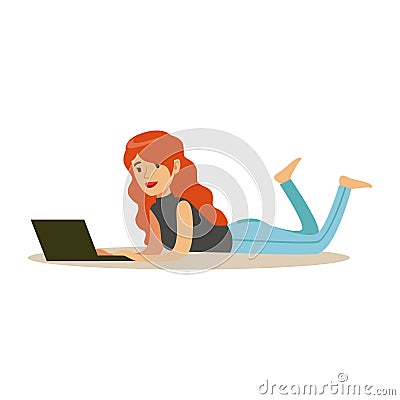 Beautiful young redhead woman lying on her stomach while using her laptop, colorful character vector Illustration Vector Illustration