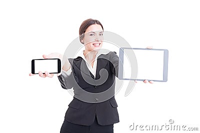 Beautiful young sales woman showing modern technology devices Stock Photo