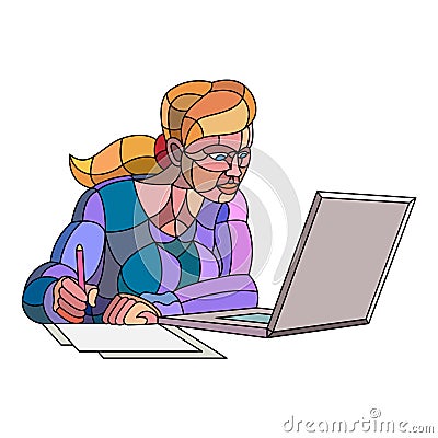 Beautiful young slender woman works with business papers on the Internet using a laptop. Cartoon Illustration