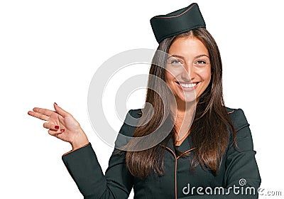 Beautiful young stewardess recommends that your services! Stock Photo