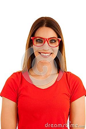 Beautiful young studen with eyeglasses isolated over white background Stock Photo