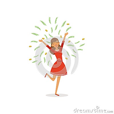 Beautiful young successful rich woman character having fun surrounded by green money bills falling, financial success Vector Illustration