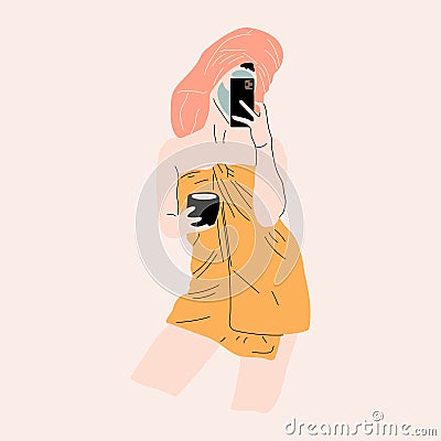 Beautiful young taking a selfie lady with towel turban. Vector Illustration