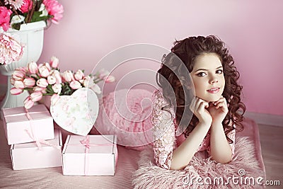 Beautiful young teen girl portrait, romantic surprise. Brunette Stock Photo