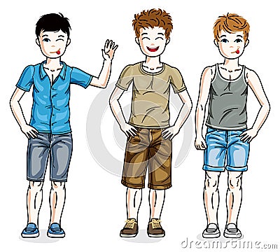 Beautiful young teenager boys group posing in stylish casual clothes. Vector Illustration