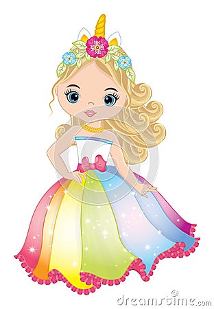 Beautiful Young Unicorn Girl in Long Rainbow Dress Vector Illustration