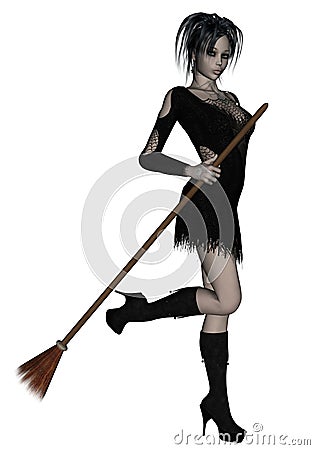 Beautiful young witch holding broomstick Stock Photo